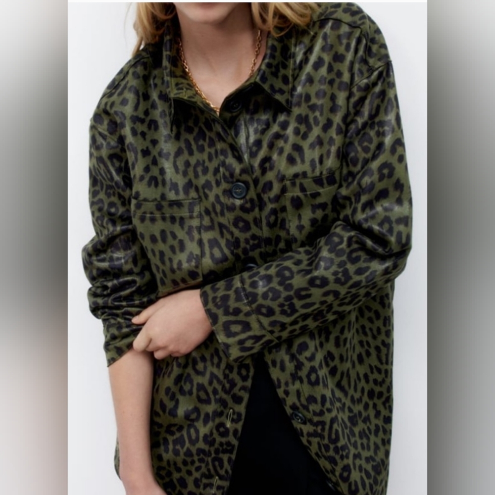 ZARA TEXTURED FINISH OLIVE ANIMAL PRINT OVERSIZE SHACKET M USA (NWT)